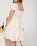 Stripe Floral Puff Sleeve Tiered Mini Dress