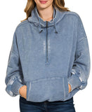 Fleece Washed Drawstring Half Zip Hoodie