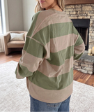 Striped Colorblock Zipper Pullover Long Sleeve Loose Top
